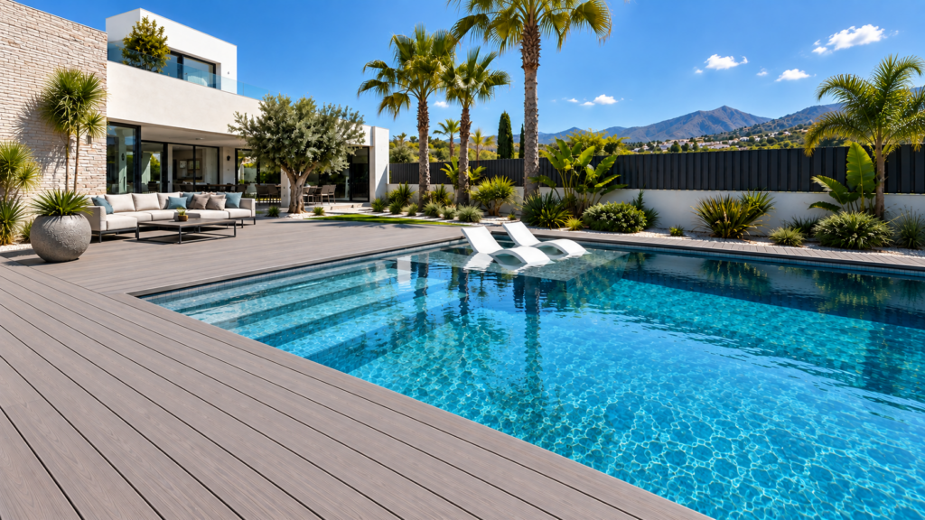 Piscina con tarima de composite en un jardu00edn residencial