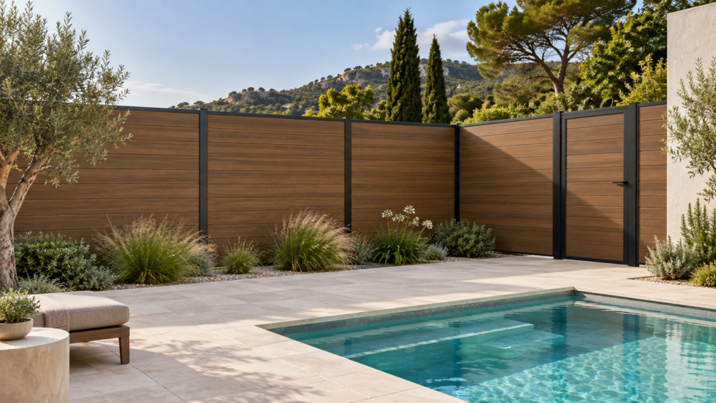 Piscina con tarima y vallado de composite color marru00f3n teca